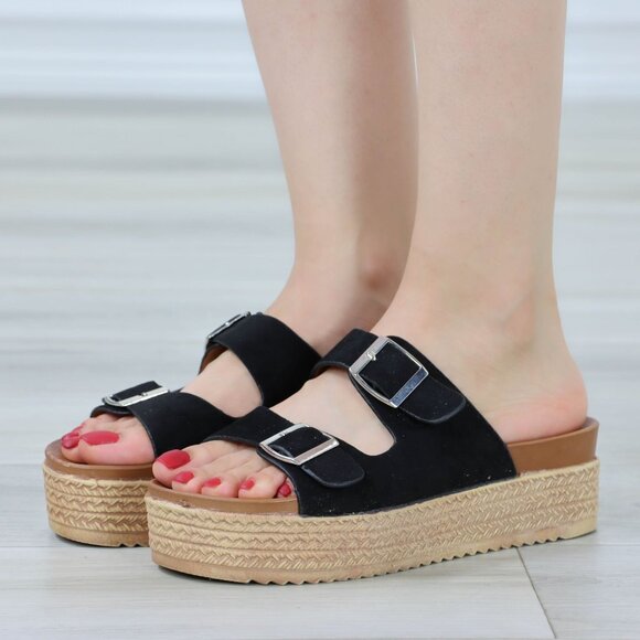 Suede Black Double Straps Comfort Platform Sandal Slip On Sliders - Picture 11 of 12